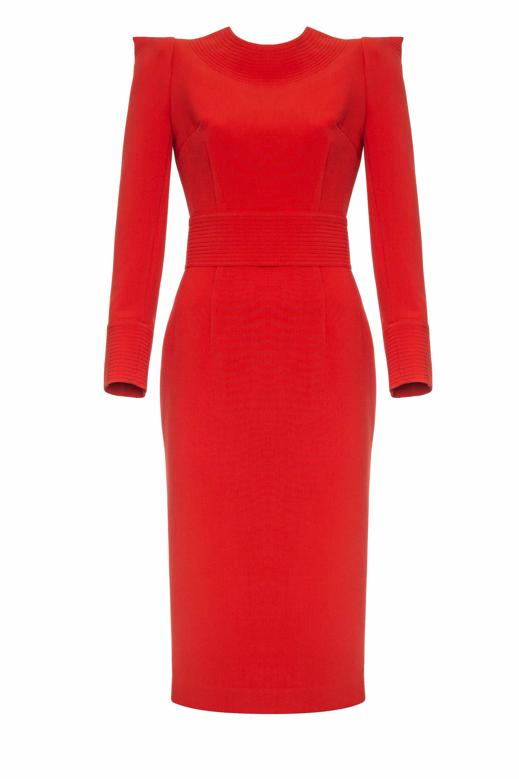 Terracotta dress with textured shoulders and quilted buttoned waistband